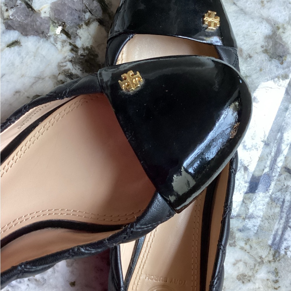 Tory Burch Black Patent & Quilted Leather Loafers with Gold Emblem